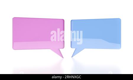 Due bolle vocali rosa e blu su sfondo bianco, concetto di comunicazione maschile - femminile o chat di messaggi, illustrazione 3D. Foto Stock