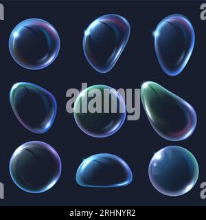 Bolla 3D realistica. Bolle di sapone di varie forme, superficie sferica lucida iridescente e blocco astratto formano un insieme di illustrazioni vettoriali isolate Illustrazione Vettoriale