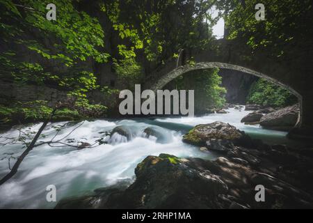 Un vecchio ponte in pietra sul torrente nell'Orrido di Pré Saint Didier, una veduta estiva di questo profondo burrone della Valle d'Aosta. Italia. Foto Stock