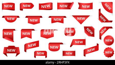 Nuove etichette. Nastro rosso etichette di nuovi prodotti, nuovi badge di arrivo e angoli per set vettoriali isolati di marketing e promozione Illustrazione Vettoriale