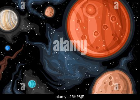 Vector Fantasy Space Chart, poster astronomico orizzontale con design cartoni animati pianeta Marte e satelliti orbitanti nello spazio profondo, decorativo colorato Illustrazione Vettoriale