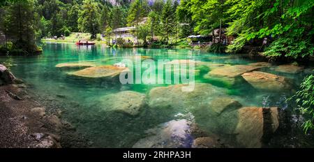 Blausee - uno dei laghi più belli d'Europa, situato in Svizzera, nel cantone Berna. famoso con acque limpide e trasparenti color smeraldo, circondato Foto Stock