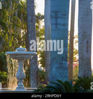 Naples, Florida, USA. Spruzzo retroilluminato a cascata dalla fontana in pietra ornamentale adagiata tra palme giganti, tramonto. Foto Stock