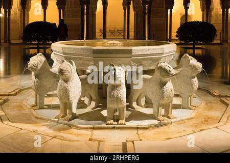 Spagna, Andalusia, Granada, Alhambra, Palacios Nazaries, patio de los Leones, Corte dei Leoni, foto notturna Foto Stock