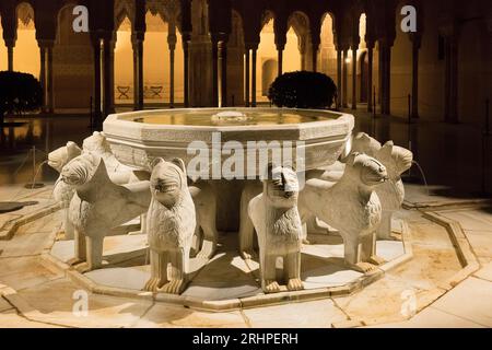 Spagna, Andalusia, Granada, Alhambra, Palacios Nazaries, patio de los Leones, Corte dei Leoni, foto notturna Foto Stock