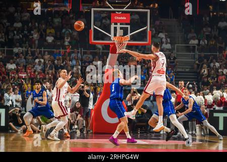 RIGA, LETTONIA. 16 agosto 2023. Partita amichevole della Nazionale di basket maschile della Lettonia contro la Nazionale di basket maschile della Finlandia prima della COPPA DEL MONDO DI PALLACANESTRO FIBA 2023. Foto Stock