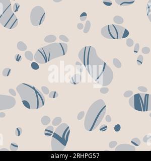 Motivo senza cuciture disegnato a mano con ciottoli di pietra grigia blu su sfondo di sabbia beige. Elegante design marino marino marino marino, stampa pastello neutrale e natura rocciosa Foto Stock