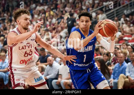 RIGA, LETTONIA. 16 agosto 2023. Partita amichevole della Nazionale di basket maschile della Lettonia contro la Nazionale di basket maschile della Finlandia prima della COPPA DEL MONDO DI PALLACANESTRO FIBA 2023. Foto Stock