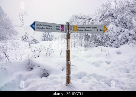 Cartello invernale su Erbeskopf (816 m), punto più alto della Renania-Palatinato, Hunsrück, Parco Nazionale, Germania Foto Stock