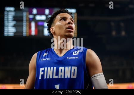 RIGA, LETTONIA. 16 agosto 2023. Partita amichevole della Nazionale di basket maschile della Lettonia contro la Nazionale di basket maschile della Finlandia prima della COPPA DEL MONDO DI PALLACANESTRO FIBA 2023. Foto Stock