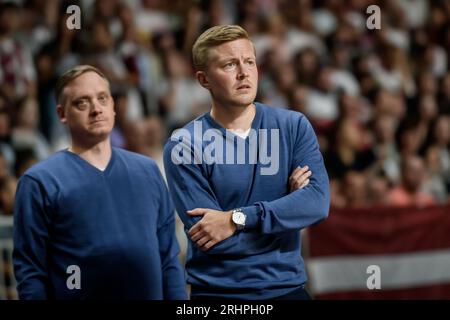 RIGA, LETTONIA. 16 agosto 2023. Partita amichevole della Nazionale di basket maschile della Lettonia contro la Nazionale di basket maschile della Finlandia prima della COPPA DEL MONDO DI PALLACANESTRO FIBA 2023. Foto Stock