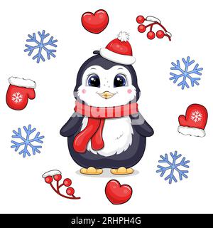 Grazioso pinguino da cartoni animati con sciarpa rossa e cappello rosso in una cornice invernale. Illustrazione vettoriale di un animale con cuori, guanti, bacche, fiocchi di neve. Illustrazione Vettoriale