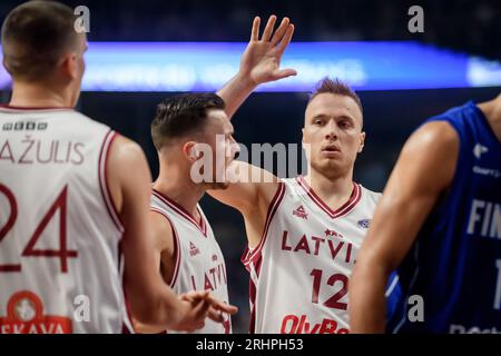 RIGA, LETTONIA. 16 agosto 2023. Partita amichevole della Nazionale di basket maschile della Lettonia contro la Nazionale di basket maschile della Finlandia prima della COPPA DEL MONDO DI PALLACANESTRO FIBA 2023. Foto Stock