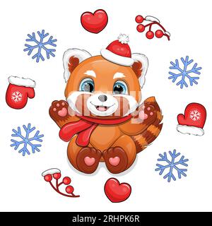 Grazioso panda rosso cartoni animati con sciarpa rossa e cappello rosso in una cornice invernale. Illustrazione vettoriale di un animale con cuori, guanti, bacche, fiocchi di neve. Illustrazione Vettoriale