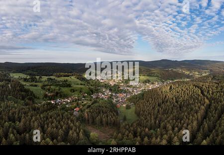 Germania, Turingia, Ilmenau, Stützerbach, villaggio, foresta, montagne, panoramica, foto aerea Foto Stock