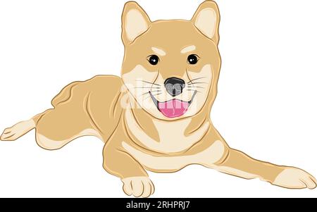 Immagine vettoriale o illustrazione di un cane shiba inu sdraiato sorridente e sporgente dalla lingua. Illustrazione Vettoriale