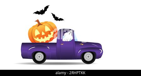 Buon camion di Halloween con lanterna di zucca Jack o Lantern sul retro, pipistrelli e fantasmi su sfondo bianco. Banner vettoriale largo per cartoline Illustrazione Vettoriale