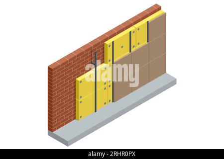 Parete isolante termica esterna isometrica. Efficienza energetica domestica. Migliora l'efficienza energetica della tua casa, risparmia sui costi energetici, investi Illustrazione Vettoriale