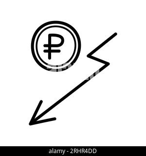 Rublo russo. La valuta crolla. Icona disegnata a mano della moneta con il simbolo del rublo e la freccia verso il basso. Illustrazione vettoriale isolata in stile linea di doodle. Illustrazione Vettoriale