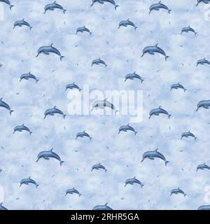 Acquerello subacqueo senza cuciture di delfini che nuotano. Illustrazione isolata sullo sfondo del mare blu. Stampa semplice per design e sfondo Foto Stock