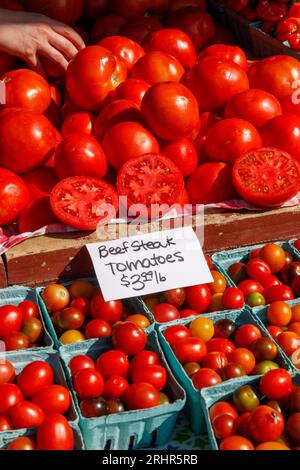 Pomodori in vendita presso il mercato agricolo settimanale di Reston, Virginia, USA. Foto Stock