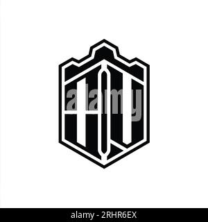 OV Letter Logo monogramma esagono scudo forma corona castello geometrico con modello di design in stile contorno Foto Stock