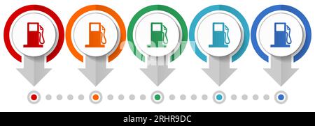 Set di icone del vettore benzina, modello infografico di design piatto, impostare icone del concetto di puntatore in 5 colori per la progettazione Web e le applicazioni mobili Illustrazione Vettoriale