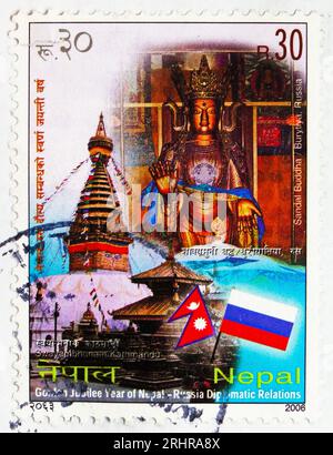 MOSCA, RUSSIA - 8 GIUGNO 2023: Il francobollo stampato in Nepal mostra l'anno del Giubileo d'oro delle relazioni diplomatiche Nepal-Russia, della politica e del governo Foto Stock