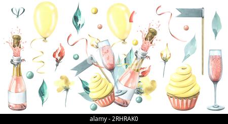 Luminoso, allegro, festoso, composizione con champagne, torta, palloncini e coriandoli, bandiere. Illustrazione acquerello disegnata a mano. Set di isolati Foto Stock