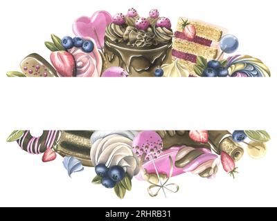 Torte con brownies, ciambelle, marshmallow, lecca lecca, fragole e mirtilli. Illustrazione acquerello disegnata a mano. Template, cornice bianca Foto Stock