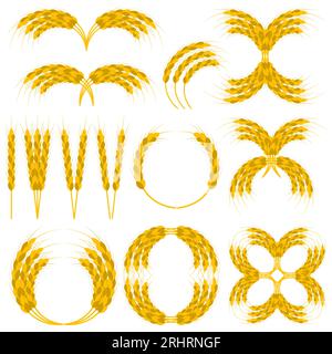 Corone di grano e set di ornamenti. Design e modelli diversi. Clipart vettoriale e disegno. Illustrazioni isolate. Illustrazione Vettoriale