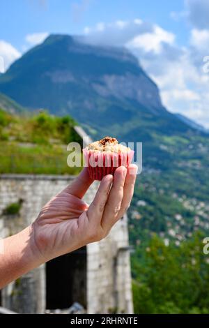 Gateau Grenoblois, torta di caffè alla noce francese, specialità di Grenoble e vista sulla parte centrale della città di Grenoble dai fortini della Bastiglia con le montagne A. Foto Stock
