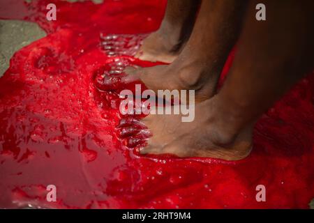 I musulmani immergono i piedi nel sangue dopo aver massacrato un animale per strada a Dacca per il più grande festival musulmano Eid-ul-Azha noto anche come Eid Foto Stock