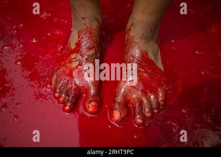 I musulmani immergono i piedi nel sangue dopo aver massacrato un animale per strada a Dacca per il più grande festival musulmano Eid-ul-Azha noto anche come Eid Foto Stock