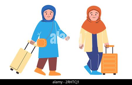 Vacanza viaggio viaggio hijab ragazza indossa abiti eleganti e valigia da trasporto borsa da viaggio che contiene il bagaglio della valigia Illustrazione Vettoriale