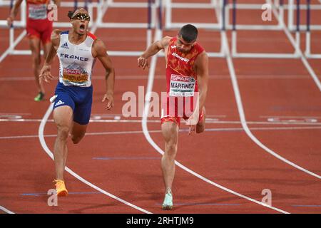 Asier Martinez (Medaglia d'oro, Spagna), Pascal Martinot-Lagarde (Medaglia d'argento, Francia), 110m ostacoli. Campionato europeo di Monaco 2022 Foto Stock