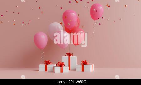 I palloncini rosa sono appesi in una confezione regalo bianca avvolta in un nastro rosso, rendering 3d. Foto Stock