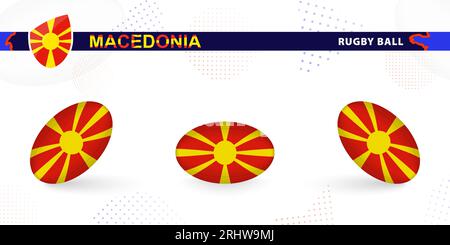 Palla di rugby con la bandiera della Macedonia del Nord in varie angolazioni sullo sfondo astratto. Raccolta vettori Rugby. Illustrazione Vettoriale