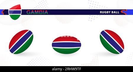 Set di palline da rugby con la bandiera del Gambia in varie angolazioni su sfondo astratto. Raccolta vettori Rugby. Illustrazione Vettoriale