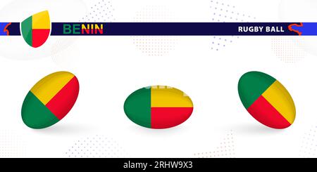 Set di palline da rugby con la bandiera del Benin in varie angolazioni su sfondo astratto. Raccolta vettori Rugby. Illustrazione Vettoriale