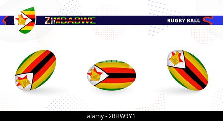 Palla di rugby con la bandiera dello Zimbabwe in varie angolazioni su sfondo astratto. Raccolta vettori Rugby. Illustrazione Vettoriale