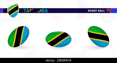 Palla di rugby con la bandiera della Tanzania in varie angolazioni su sfondo astratto. Raccolta vettori Rugby. Illustrazione Vettoriale