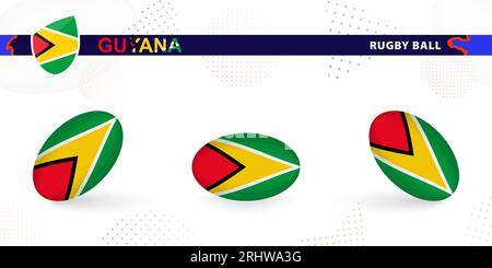 Palla di rugby con la bandiera della Guyana in varie angolazioni su sfondo astratto. Raccolta vettori Rugby. Illustrazione Vettoriale