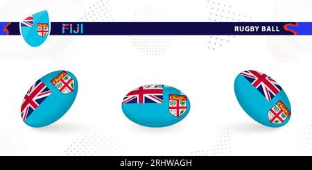 Set di palline da rugby con la bandiera delle Figi in varie angolazioni su sfondo astratto. Raccolta vettori Rugby. Illustrazione Vettoriale