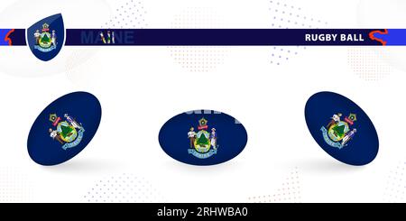 Set di palline da rugby con la bandiera del Maine in varie angolazioni su sfondo astratto. Raccolta vettori Rugby. Illustrazione Vettoriale