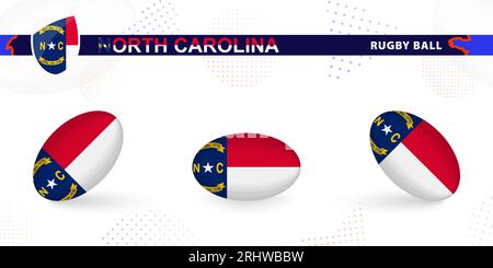 Palla di rugby con la bandiera del North Carolina in varie angolazioni sullo sfondo astratto. Raccolta vettori Rugby. Illustrazione Vettoriale