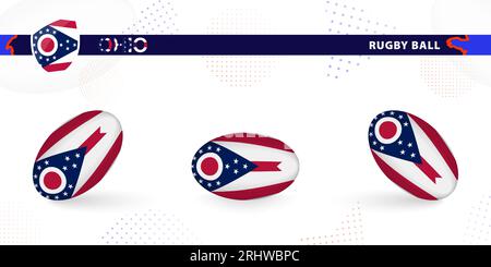 Palla di rugby con la bandiera dell'Ohio in varie angolazioni su sfondo astratto. Raccolta vettori Rugby. Illustrazione Vettoriale