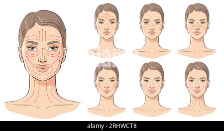 Linee di massaggio viso. Istruzioni per il massaggio facciale, illustrazione vettoriale. Illustrazione Vettoriale