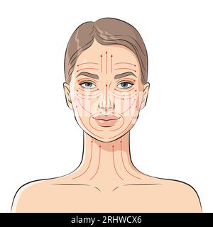 Linee di massaggio viso. Istruzioni per il massaggio facciale, illustrazione vettoriale. Illustrazione Vettoriale