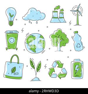 Set di icone vettoriali ecologiche in stile doodle. Illustrazioni vettoriali ecocompatibili. Illustrazione Vettoriale